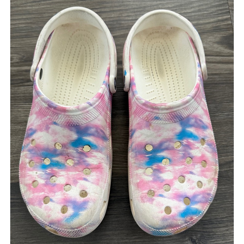 Crocs Classic Tie Dye Clogs Mens 13 Pink Blue White Multi Color Slip On Shoes